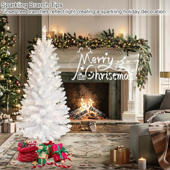 4ft Artificial Full White Christmas Tree with Separate Lights, Not Pre-lit Mini White Tinsel Pine Christmas Tree, 50 Lights, Small Xmas Tree for Home, Office, Party Decoration, Indoor