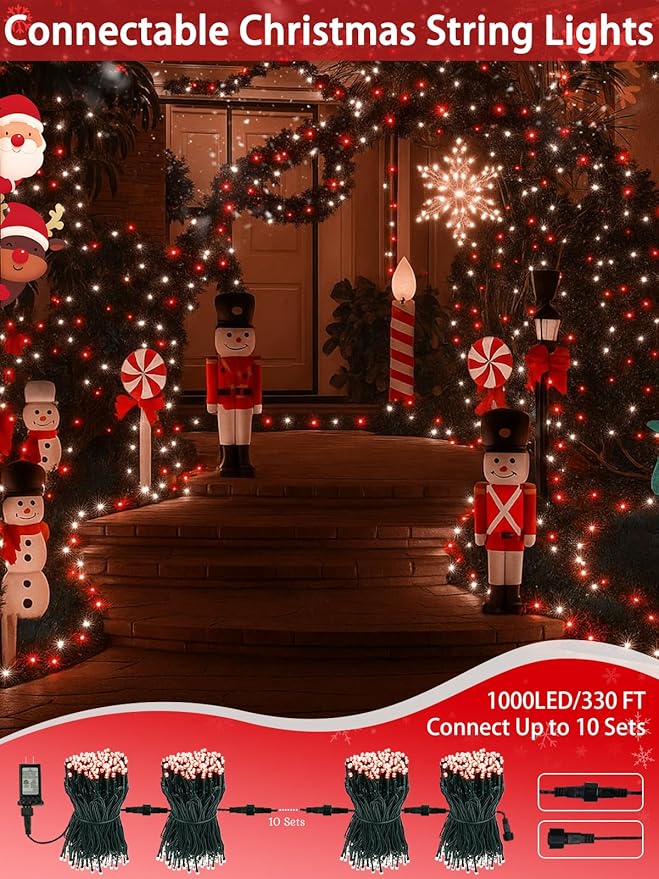 2-Pack 66FT 200 LED Christmas Lights, 13 Modes Extendable Christmas Tree Lights with Timer & Memory, Waterproof Twinkle Fairy Lights Green Wire Outdoor String Lights Indoor for Xmas Tree (Red White)