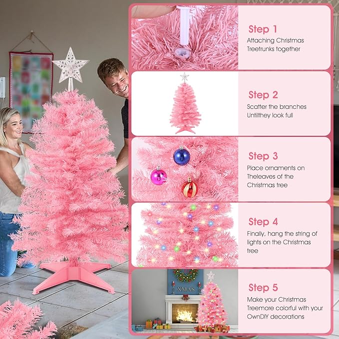 3Ft Christmas Tree with Lights, Table Christmas Tree with 50 LED 12 Modes, 3D Star, 15 Hanging Ball Ornaments, Small Prelit Xmas Tree for Tabletop, Home and Office (Pink)
