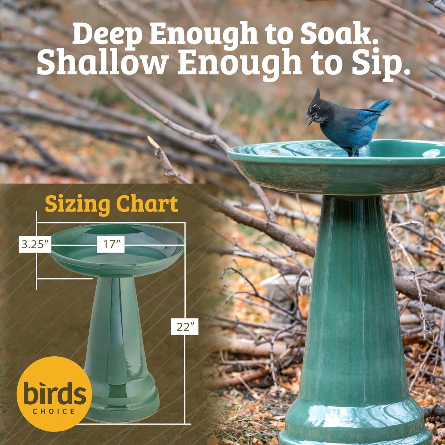 Birds Choice Ohio Stoneware Bird Bath | Pedestal Bird Bath, Stable Locking Top | Weather-Resistant Ceramic Clay, Glazed Finish | Outdoor Garden & Patio Decor | 22" H x 17" D, Gray