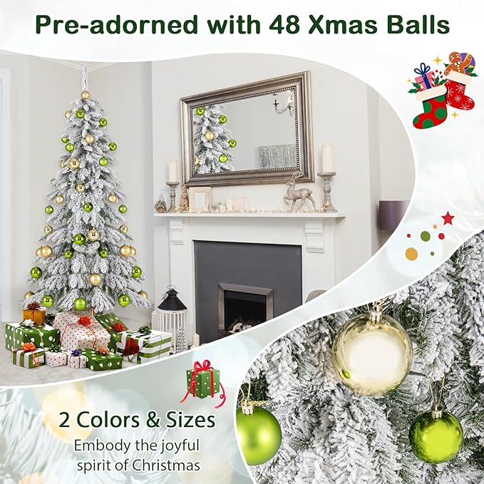 GOFLAME 6FT 2 Pack Potted Artificial Christmas Tree, Snow Flocked Xmas Tree with 589 Branch Tips, 48 Decorative Balls & Vintage Flowerpot, Hinged Holiday Decoration Tree for Home Party Entrance