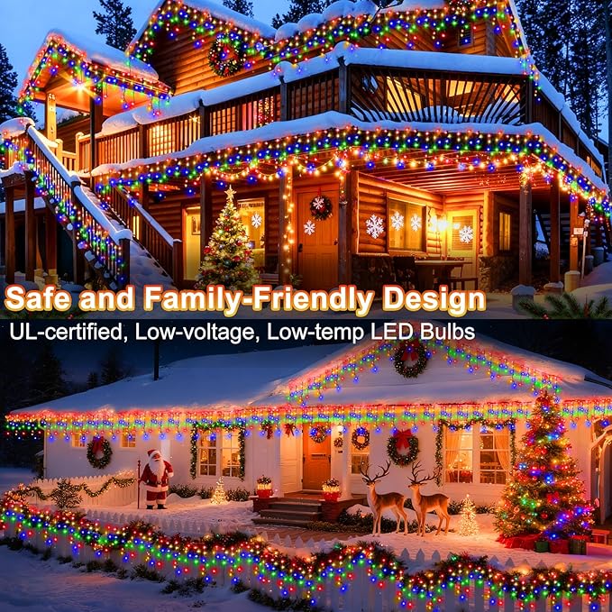 KNONEW 33FT 400 LED Christmas Lights Outdoor Black Wire String Lights with 75 Drops, 8 Lighting Modes, Timer Memory Function Connectable Hanging Curtain Lights for Halloween Party Decor(Multicolor)