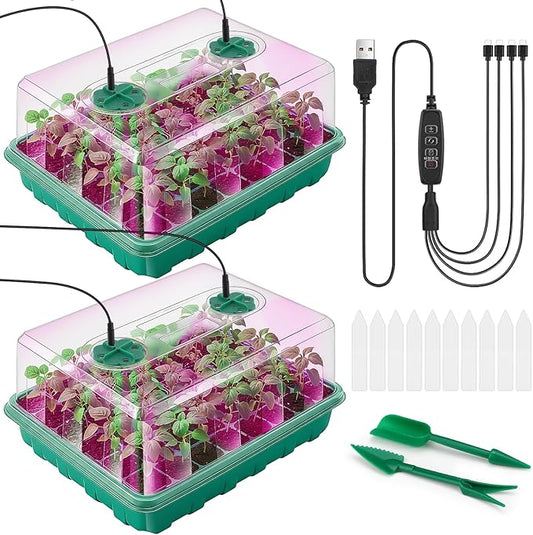 96 Cells Seed Starter Tray with Lights, 2 Packs Seed Starter Kit with Humidity Vented Domes and High Lid, Adjustable Brightness Germination Kit for Indoor Greenhouse Seed Starter