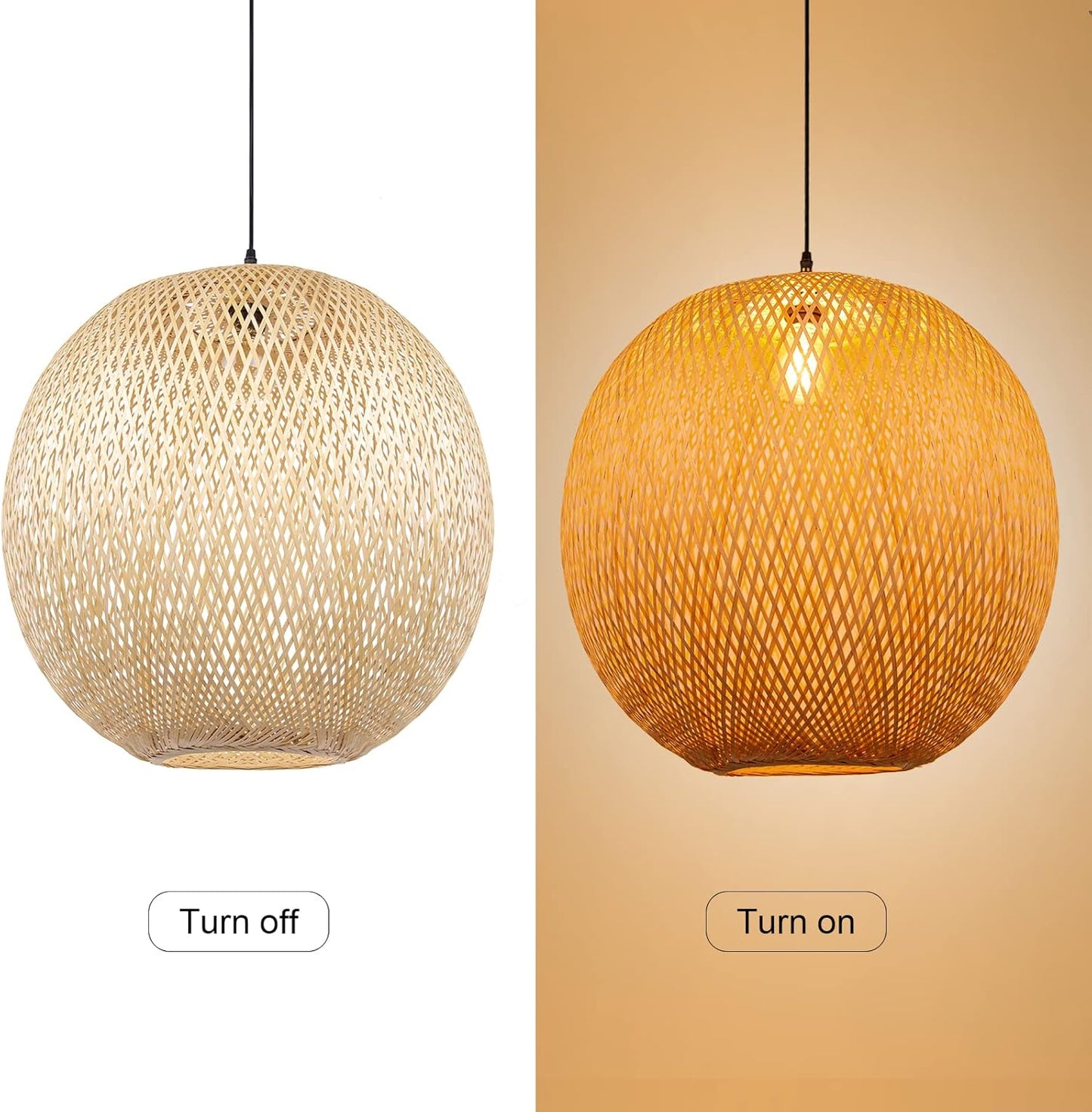 Arturesthome 15.7" Bamboo Pendant Lights, Round Wicker Chandelier, Hand-Woven Boho Basket Lampshade Hanging Ceiling Light for Kitchen Island Living Room