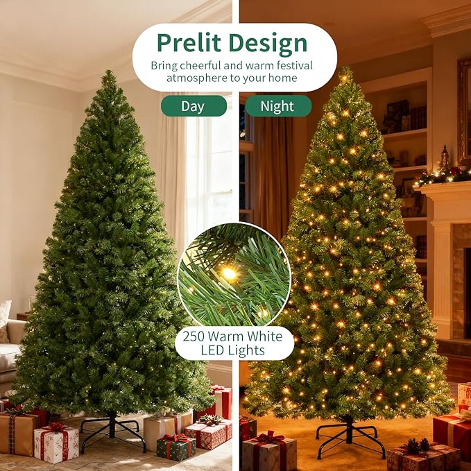 Prelit Christmas Tree 6ft, Artificial Christmas Tree with 250 Warm White Lights, 820 PVC Branch Tips, Metal Stand & Foldable Base - Ideal for Home, Office, Party, or Holiday Decor