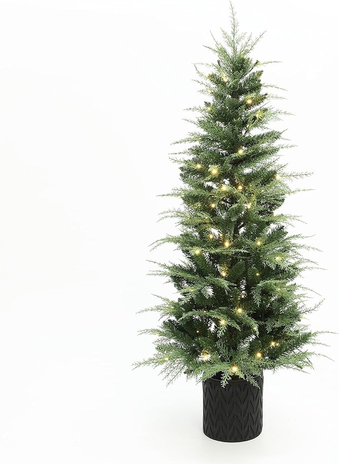 LuxenHome 5FT Small Christmas Tree, Potted Slim Christmas Tree with 100 Warm White LED Lights, Realistic Cedar Prelit Artificial Christmas Trees with Black Planter Pot for Outdoor Porch, Entryway