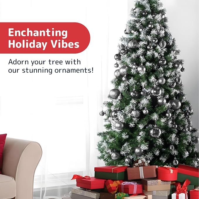 Prextex 36pc Silver Christmas Ornaments Set - Shatterproof Christmas Tree Ornaments in 3 Sizes and 6 Styles - Hanging Balls with Loops in Matte, Shiny, and Glitter Finishes for Indoor-Outdoor Display