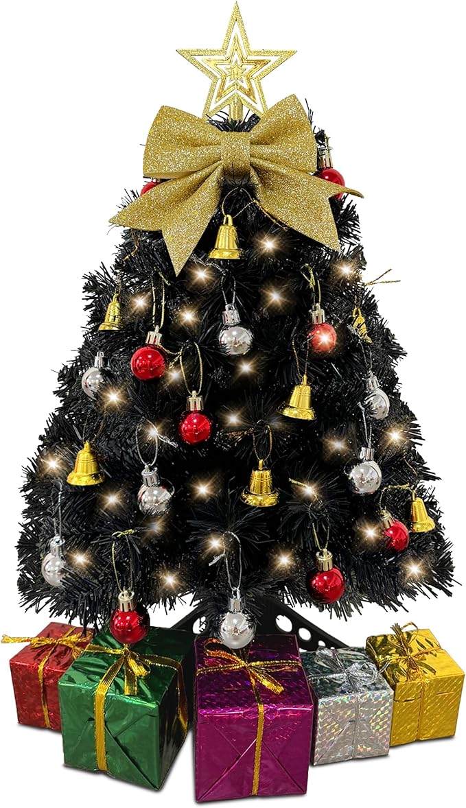Small Black Christmas Tree with Lights - 23 Inch Mini Tabletop Christmas Tree with Warm-White LED Lights, Hanging Ornaments, Decorative Bow and Gift Boxes - Table Tree for DIY Christmas Decoration