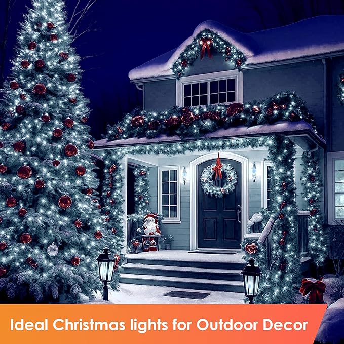 Christmas Lights 600 LED 196FT, IP67 Waterproof Christmas Tree Lights with 8 Modes, Outdoor String Lights with Timers & Memory Function, Xmas Light for Holiday Decor (Cool White)