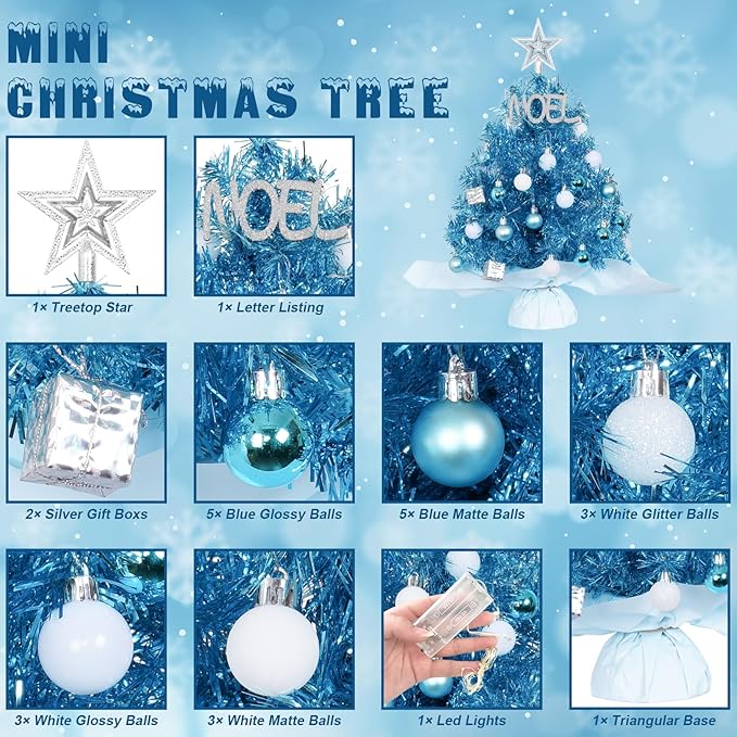 20'/50cm Mini Christmas Tree,Artificial Small Christmas Tree with Led Lights/Ornaments, Tabletop Christmas Tree for Kids Christmas Decoration Gifts