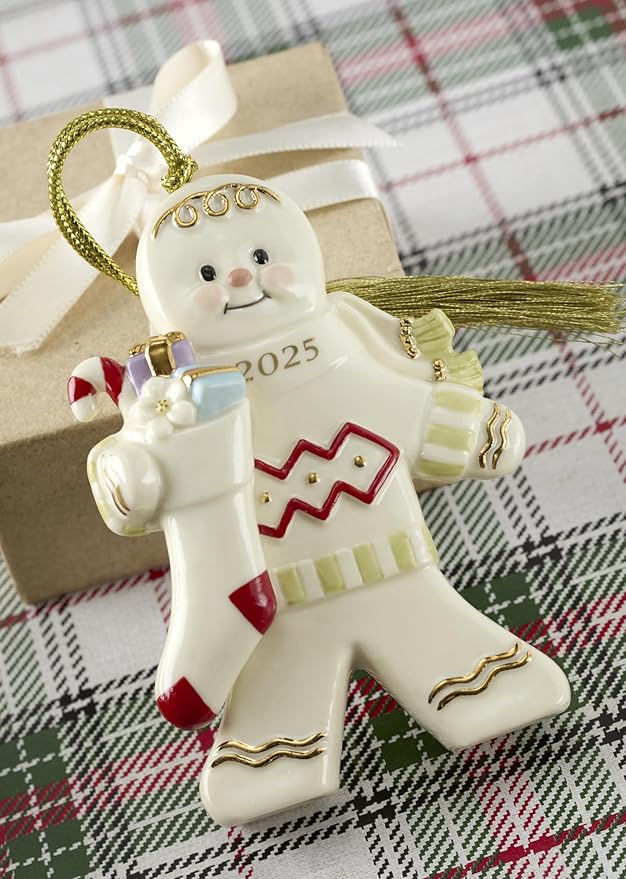 Lenox Ornament, 2025 Gingerbread with Stocking Ornament, Made from Porcelain, Christmas Tree Decorations, Gold Accents and Hanging Cord, Christmas Decoration, Winter Decor, Tree Decor (1 Piece)