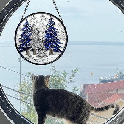 Stained Glass Window Hanging 4 Pcs Set White Winter Christmas Snow Scene 6.3" - Suncatcher Door Garden Sun Catcher Decor Birthday for Mom Woman Nana Men Friend Wife