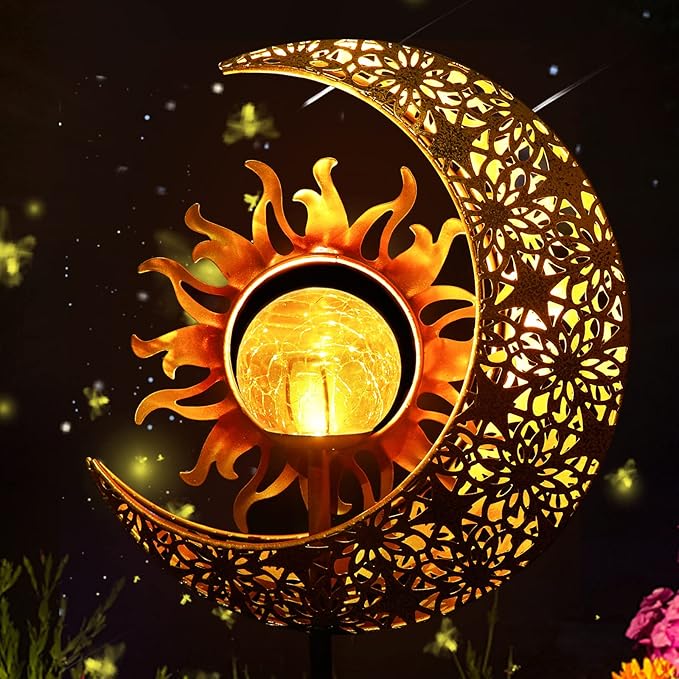 LICKLIP Garden Solar Lights Outdoor Decorative, Sun & Moon Crackle Glass Globe Metal Stake Light, Waterproof Warm White LED Light, Decorations for Pathway Lawn Patio Courtyard Backyard (1 Pack)