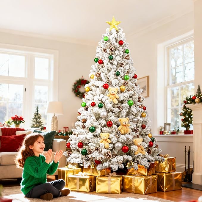 7ft White Artificial Christmas Tree with Snow Flocked Branches, Realistic Full Shape Xmas Tree with Sturdy Metal Stand for Indoor Holiday Decoration