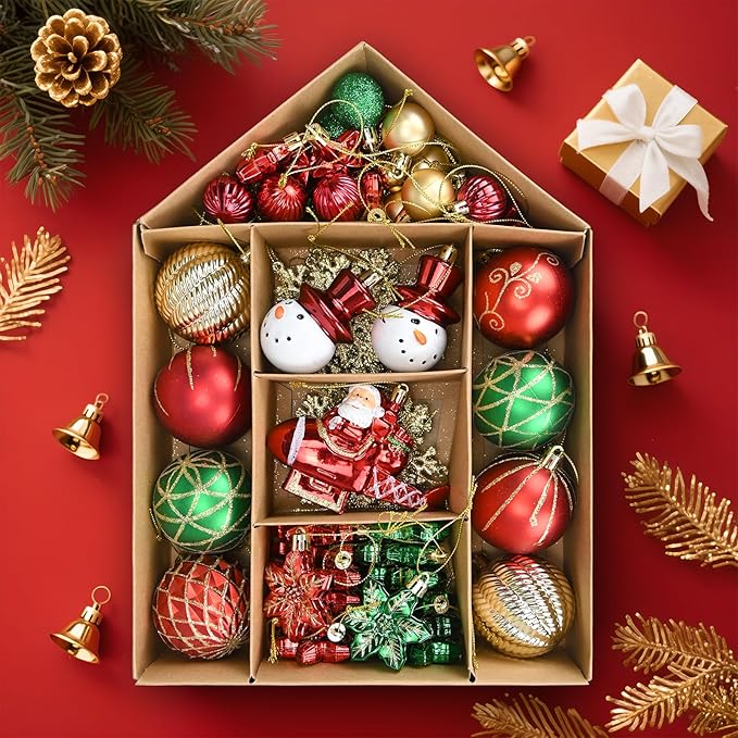 70 Pcs Christmas Ball Ornaments Set，Shatterproof Gold Ornaments for Xmas Tree，Christmas Ball Tree Hanging Ornaments for Christmas Decoration (Red Green)