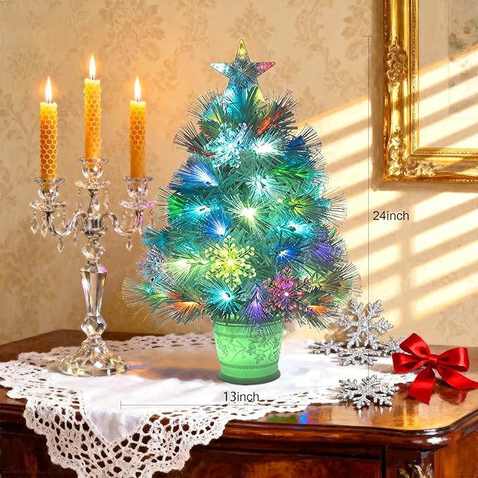 Artificial Christmas Tree, 24inch Small Christmas Tree White Fiber Optic Prelit Tabletop Xmas Tree with 67 Led Lights 7 Colors Lighted Christmas Tree Holiday Home Decor