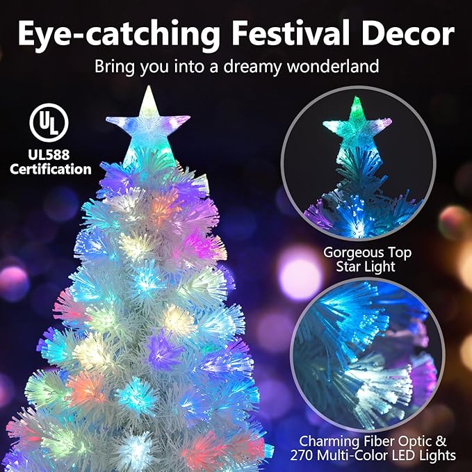 HAPPYGRILL 7FT Pre-lit Fiber Optic Christmas Tree, White Snow-Flocked Artificial Xmas Tree with 270 Branch Tips, 270 Multi-Color LED Lights, Top Star, Fake Holiday Tree for Party Office Home