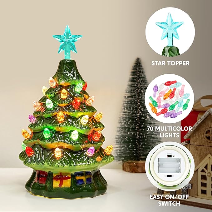 Joiedomi 7" Ceramic Christmas Tree with Gift Box, Mini Prelit Tabletop Christmas Tree with Multicolored Bulbs for Best Desk Decoration
