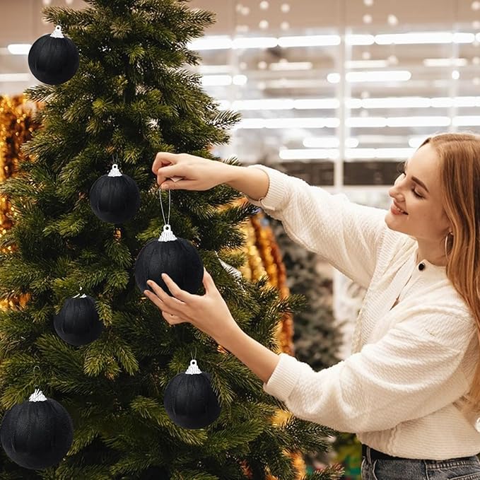 Gresorth 10 Pcs Black Velvet Christmas Ball Ornaments Velvet Balls Ornament for Christmas Tree Flocked Hanging Baubles Decor Birthday Party