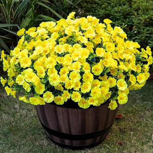 Artificial Faux Flowers for Outdoor 16 Bundles Boxwood Fake Morning Glory for Planter,UV Resistant Fake Flowers for Home Porch Patio Outside（Yellow）