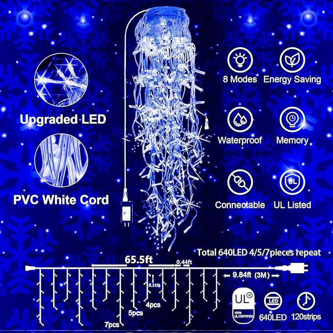JXLEDAYY 65 FT 640 LED Christmas Lights Outdoor Decorations Clear Wire String Lights Plug in 120 Drops 8 Modes Memory Timer Connectable Curtain Fairy Lights Waterproof for Holiday Wedding Party-Blue
