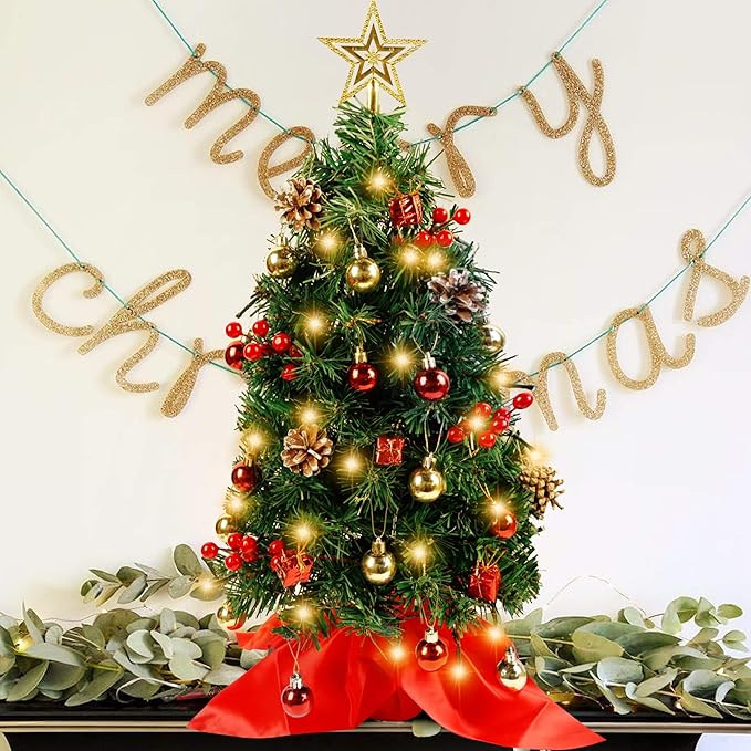 Blissun 2Ft Mini Christmas Tree, Artificial Christmas Pine Trees, Tabletop Xmas Tree, Mini Christmas Pine Tree with LED Lights, Star Tree Topper and Christmas Ornaments for Christmas Table Decorations