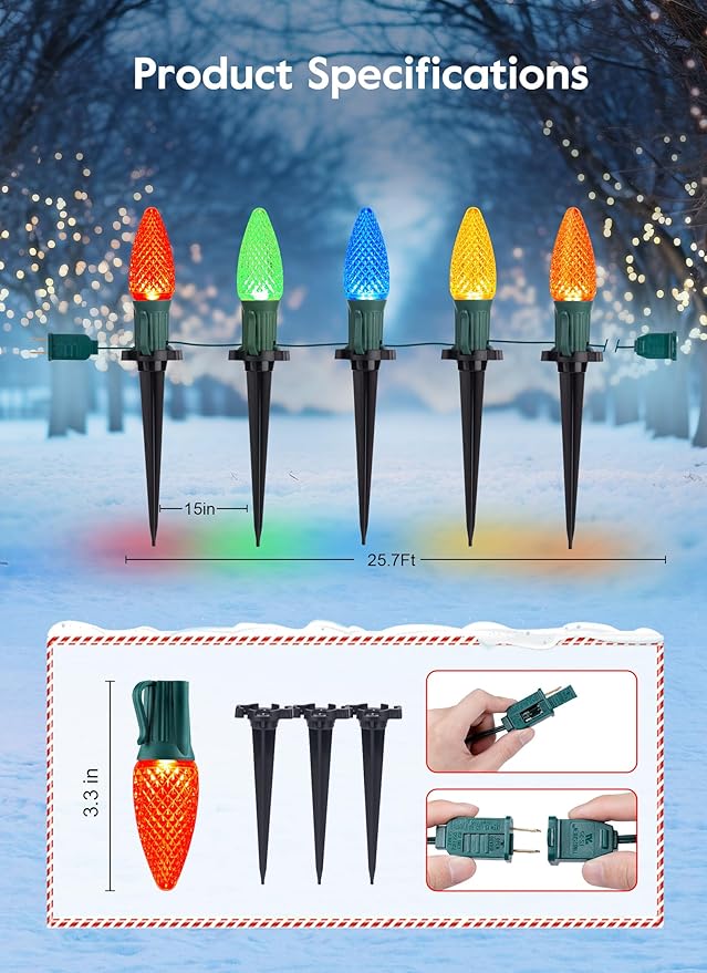 Brightown C9 Christmas Lights Outdoor, 25.7 Ft Strawberry C9 Christmas Pathway Lights with 20 LED Bulbs and Stakes, Christmas Decorations Outside Walkway Sidewalk Holiday, Multicolor