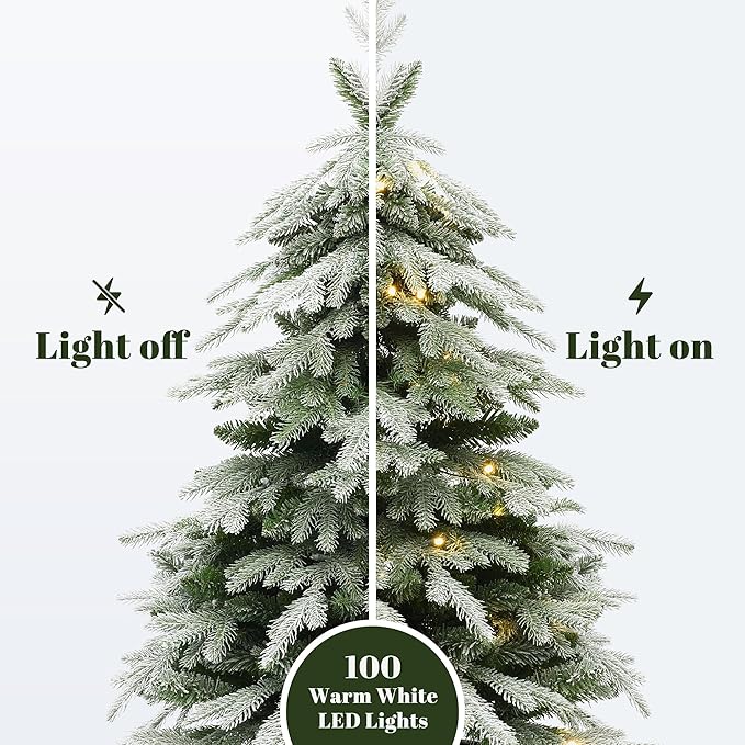 LuxenHome 4.5FT Potted Christmas Tree, Downswept Branches Prelit Small Christmas Tree with 100 LED Lights, Natural Slim Fir Trees Pre-lit with Black Square Pot for Porch, Entryway Holiday Display
