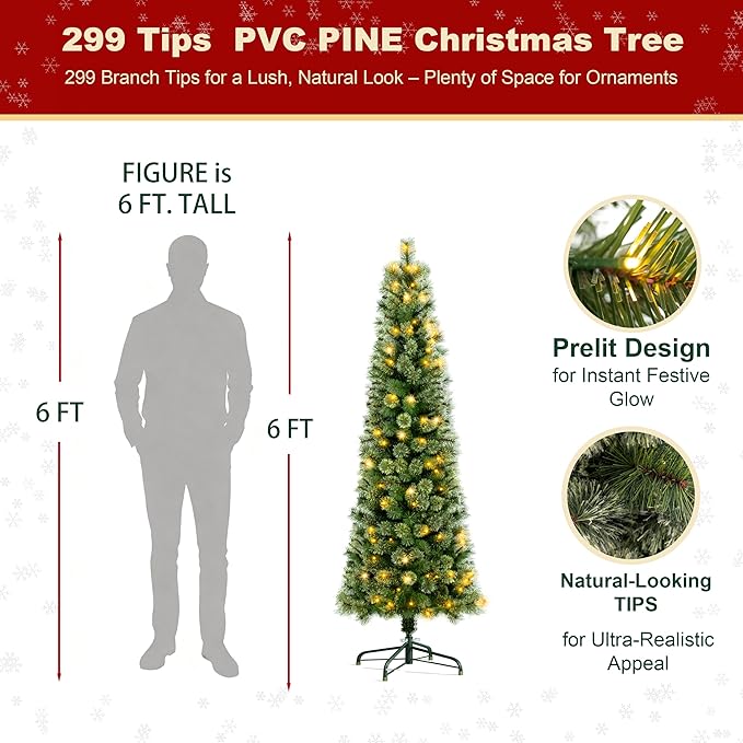 6ft Pencil Christmas Tree with Lights – Pre-Lit Slim Christmas Tree with 250 Warm White LEDs, 299 Tips Brockton Cashmere Pine, Hinged Branches, Slim Tree for Small Spaces
