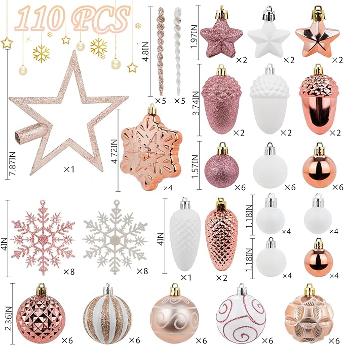 110 Pcs Rose Gold & White Christmas Ornaments Set, Assorted Christmas Balls Decor for Xmas Tree, Shatterproof Plastic Baubles Hanging Decorations for Holiday/Party/Wedding
