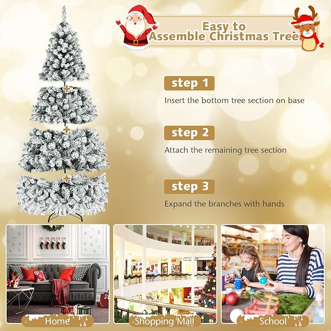 COSTWAY 7.5 FT Pre-Lit Christmas Tree, Snow Flocked Hinged Xmas Tree with 1010 Branches Tips & 450 LED Lights, Metal Stand, Artificial Pine Lighted Holiday Tree for Home Office Decorations