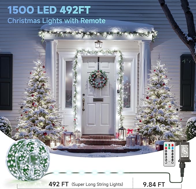 Mlambert 1500 LED Christmas Lights 492FT, Outdoor Waterproof Dimmable Fairy Lights with Remote, 8 Modes Indoor Lighting for Holiday Décor, Cool White