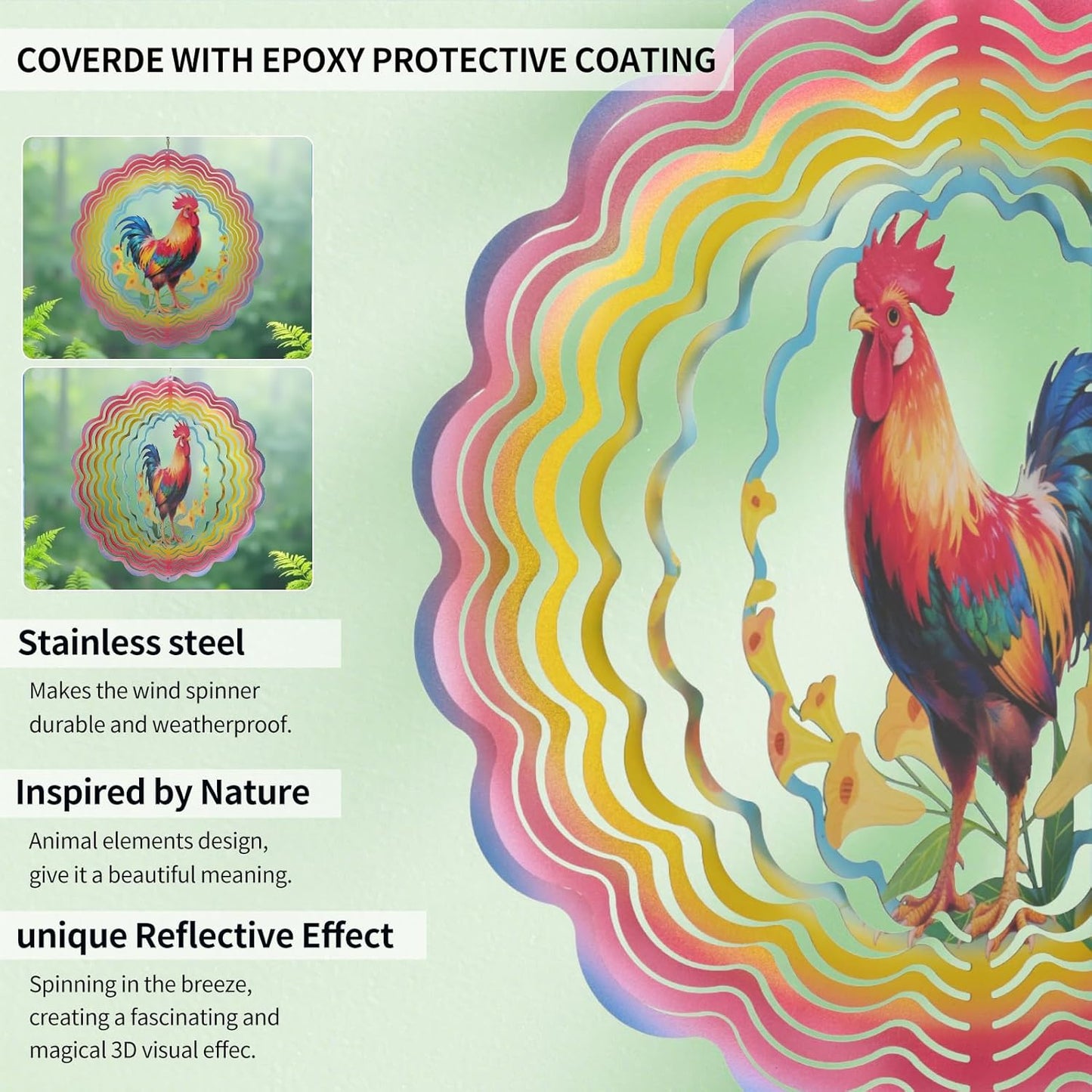 Wind Spinners Outdoor Chicken Decorations - Birthday Gifts for Women Mom Grandma, Rooster Deocr Hanging Wind Spinner 12 inch 3D Wind Sculptures for Garden Decor for Outside, Patio, Yard, Outdoor
