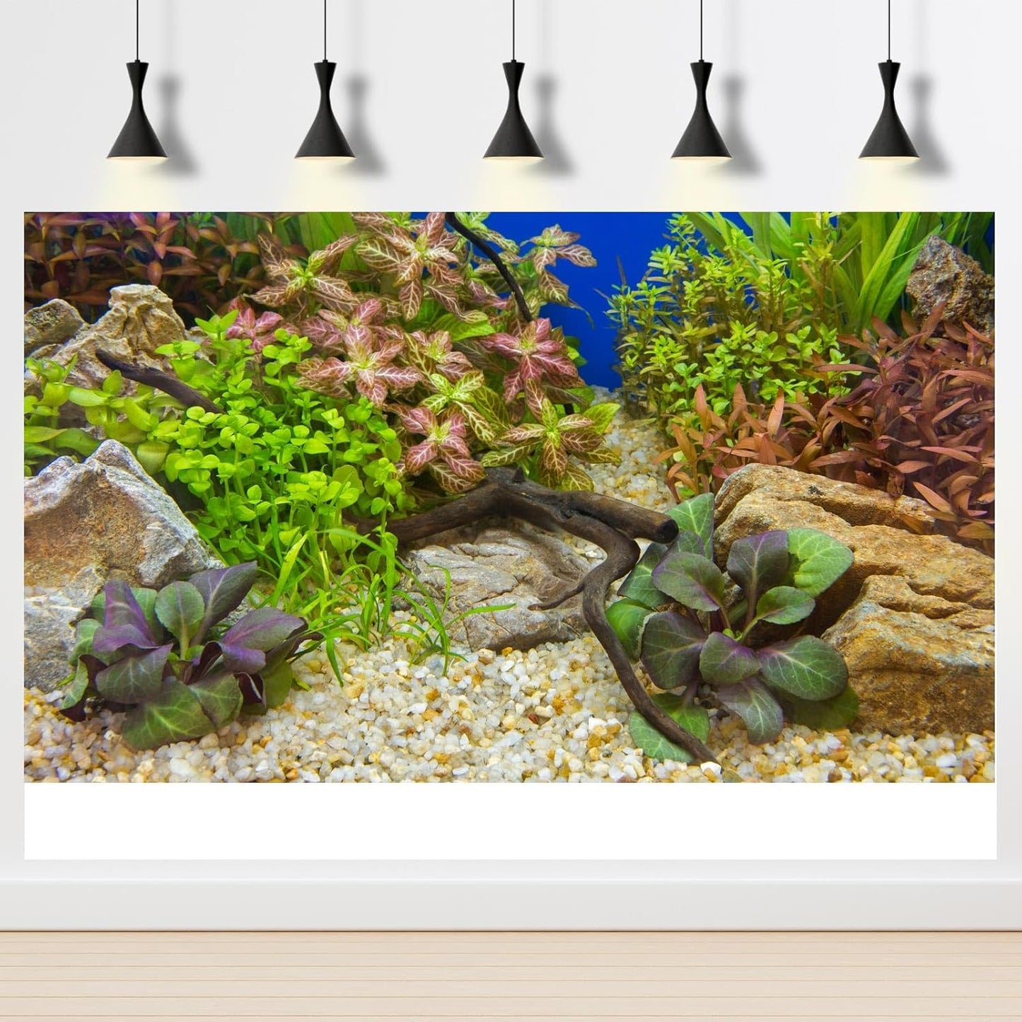 Aquarium Background Various Underwater Grass Plants Pebble Aquarium Backdrop Vivid and Fresh Green Aquatic Plants Stone River Bed and Dead Wood Purple Leaves Tank Background Vinyl 24x12in