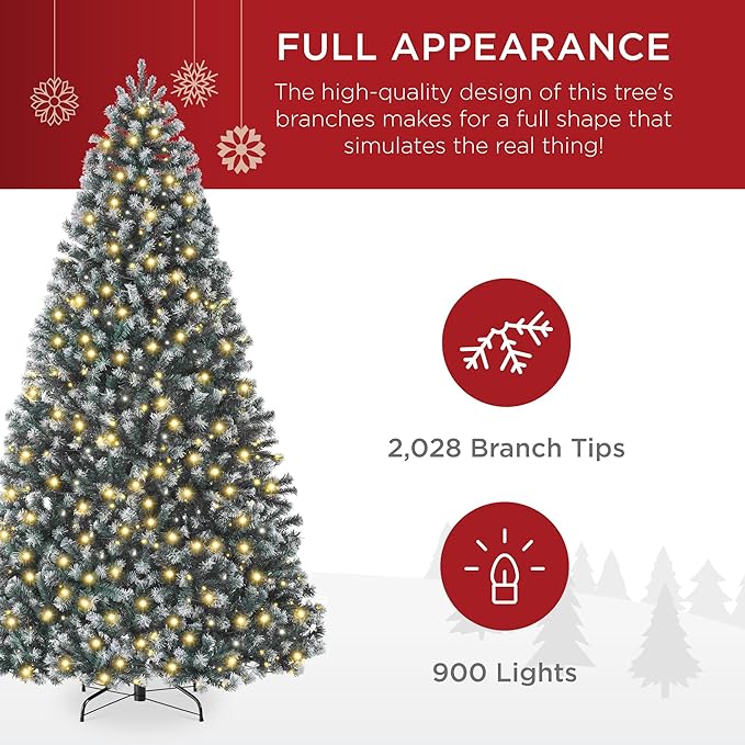 Best Choice Products Artificial Frosted Christmas Tree, 9ft Premium Pre-Lit Realistic Spruce Holiday Décor w/Dense Branches, Metal Base – Blue Spruce