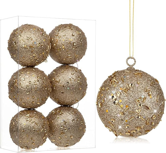 3.15" Large Christmas Balls Ornaments 6 Pcs Shatterproof Big Champagne Christmas Ornaments for Xmas Tree Bulk Glitter Big Xmas Tree Ornament for Trees Halloween Holiday Wedding Party Decoration