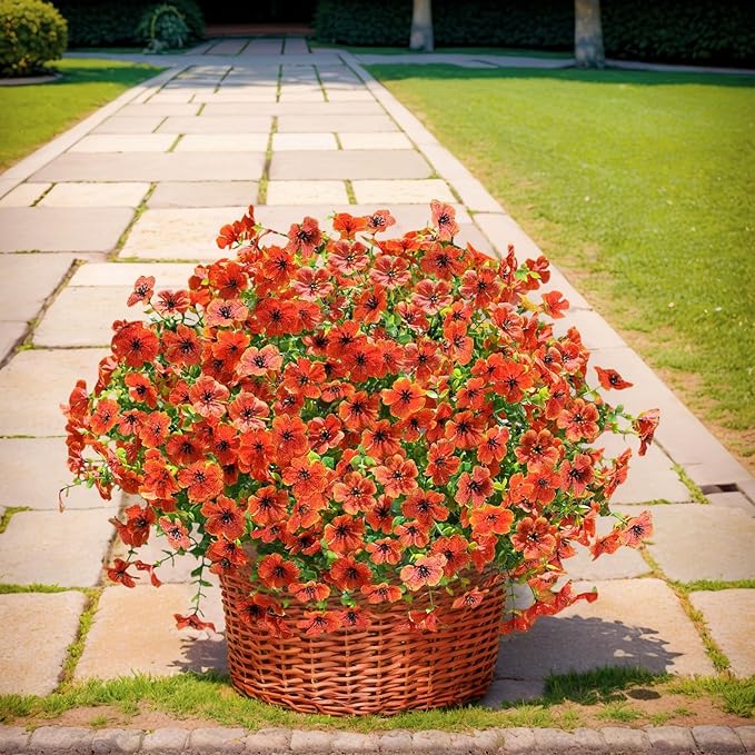 SHIAWASENA Realistic Outdoor Fake Plants Flowers, Artificial Flowers, UV Resistant, 12 Bundles Faux Silk Colorful Violet Flowers Bouquet with Eucalyptus (Orange)