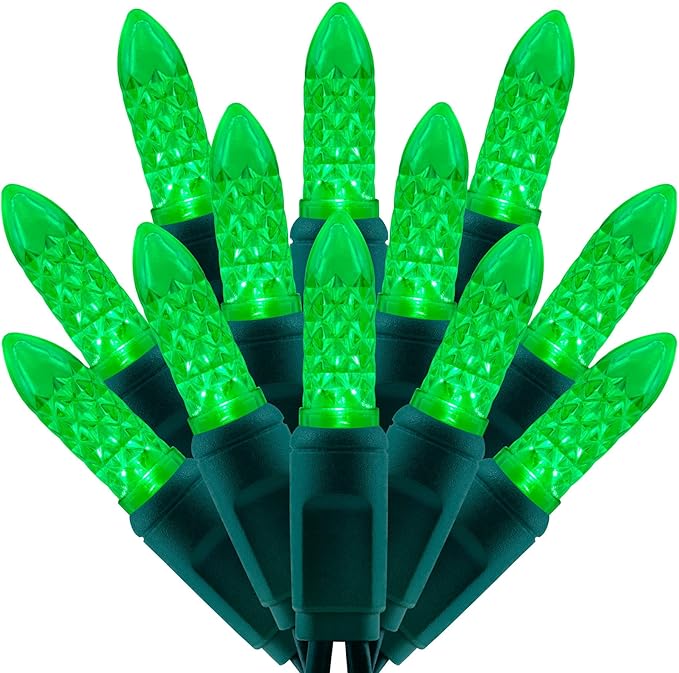 100 Green Faceted One-Piece LED Christmas Lights, 33 ft Green Cord High Waterproof UL Certified M6 Outdoor String Lights