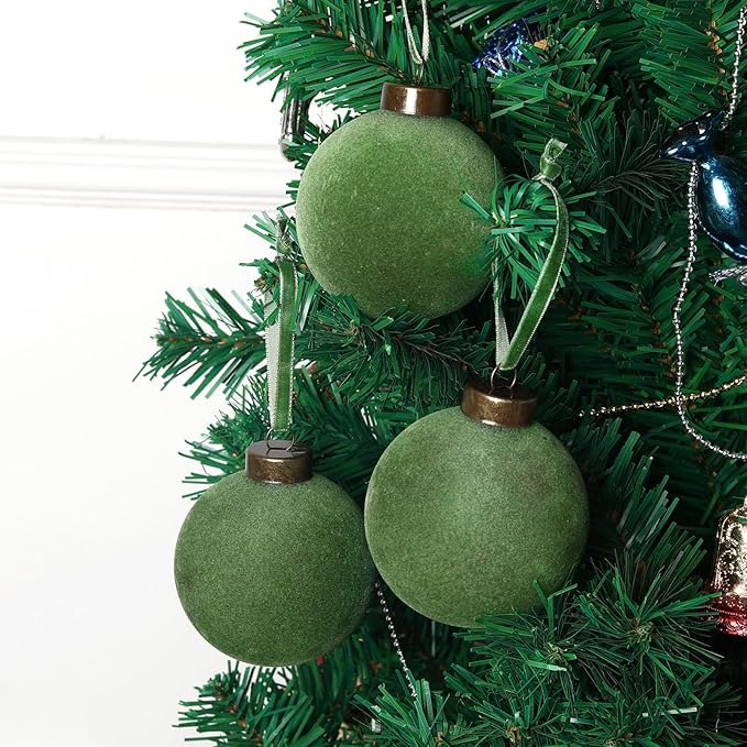12 Pcs Velvet Christmas Balls Bulk Shatterproof Plastic Christmas Tree Decorations for Decorative Hanging Baubles (12, Green, 2.36Inch)