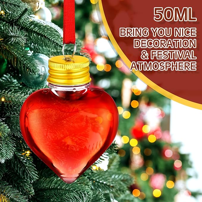 Patelai 18 Pcs Christmas Drink Balls Clear Shot Glass Ornaments Xmas Tree Fillable Ornaments Plastic Xmas Water Bottle Bulbs for Holiday Party Decorations(Heart,50 ml)