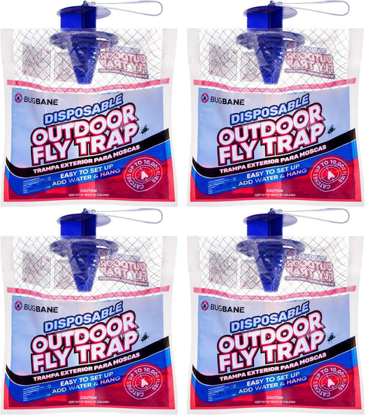 Fly Traps Outdoor Fly Trap for Patio. 4 Non-Toxic Pre-Baited Flies Bags Outdoor Disposable. Hanging Bug Catchers for All Filth Flies Killer for Outside Bug Control in Yard Horse Ranch Trash Can