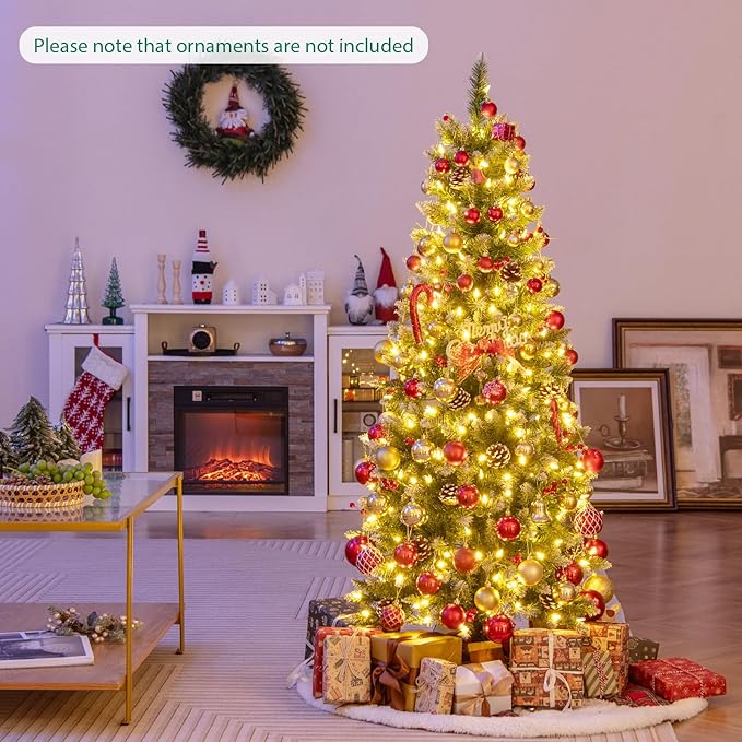 GOFLAME 5FT Pre-Lit Pencil Christmas Tree, Artificial Xmas Tree with 408 Branch Tips, 24 Pine Cones, 23 Clusters of Red Berries & 250 Warm White LED Lights, Holiday Decoration Tree for Home Party