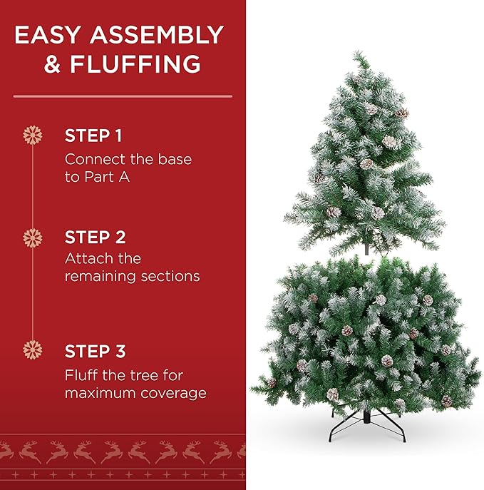 Best Choice Products 4.5ft Pre-Decorated Holiday Christmas Tree for Home, Office, Party w/450 Tips, Partially Flocked, Pinecones, Base – Green