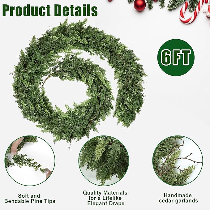 Realistic Christmas Garland for Mantle 6FT Real Touch Thick/Lush Artificial Cedar Garlands Christmas Decorations Indoor Christmas Garland for Stairs Railing Outdoor Fireplace Table Xmas Holiday Decor