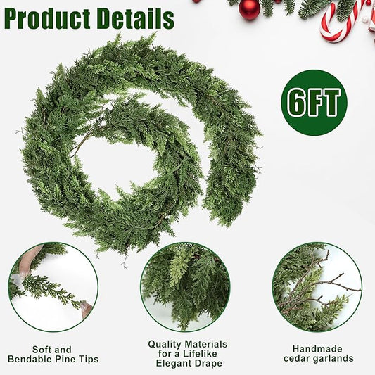 Realistic Christmas Garland for Mantle 6FT Real Touch Thick/Lush Artificial Cedar Garlands Christmas Decorations Indoor Christmas Garland for Stairs Railing Outdoor Fireplace Table Xmas Holiday Decor