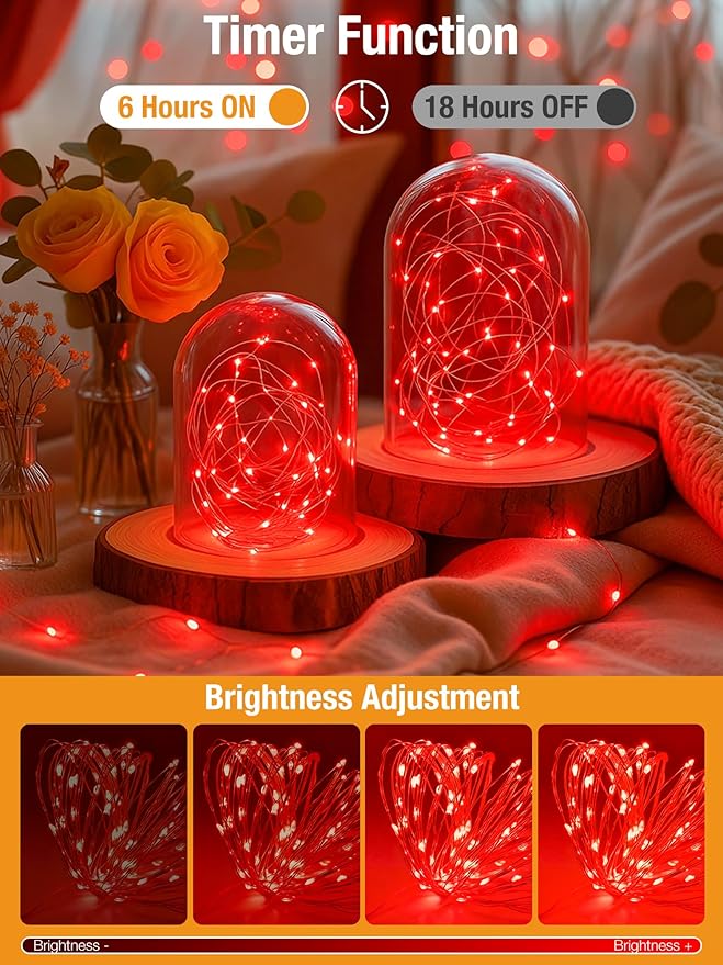 btfarm 4 Pack Fairy Lights Battery Operated with Timer, 16.4 FT 50 LED Silver Wire Twinkle String Lights 8 Modes Dimmable Waterproof for Indoor Christmas Bedroom Wedding Decorations, Red