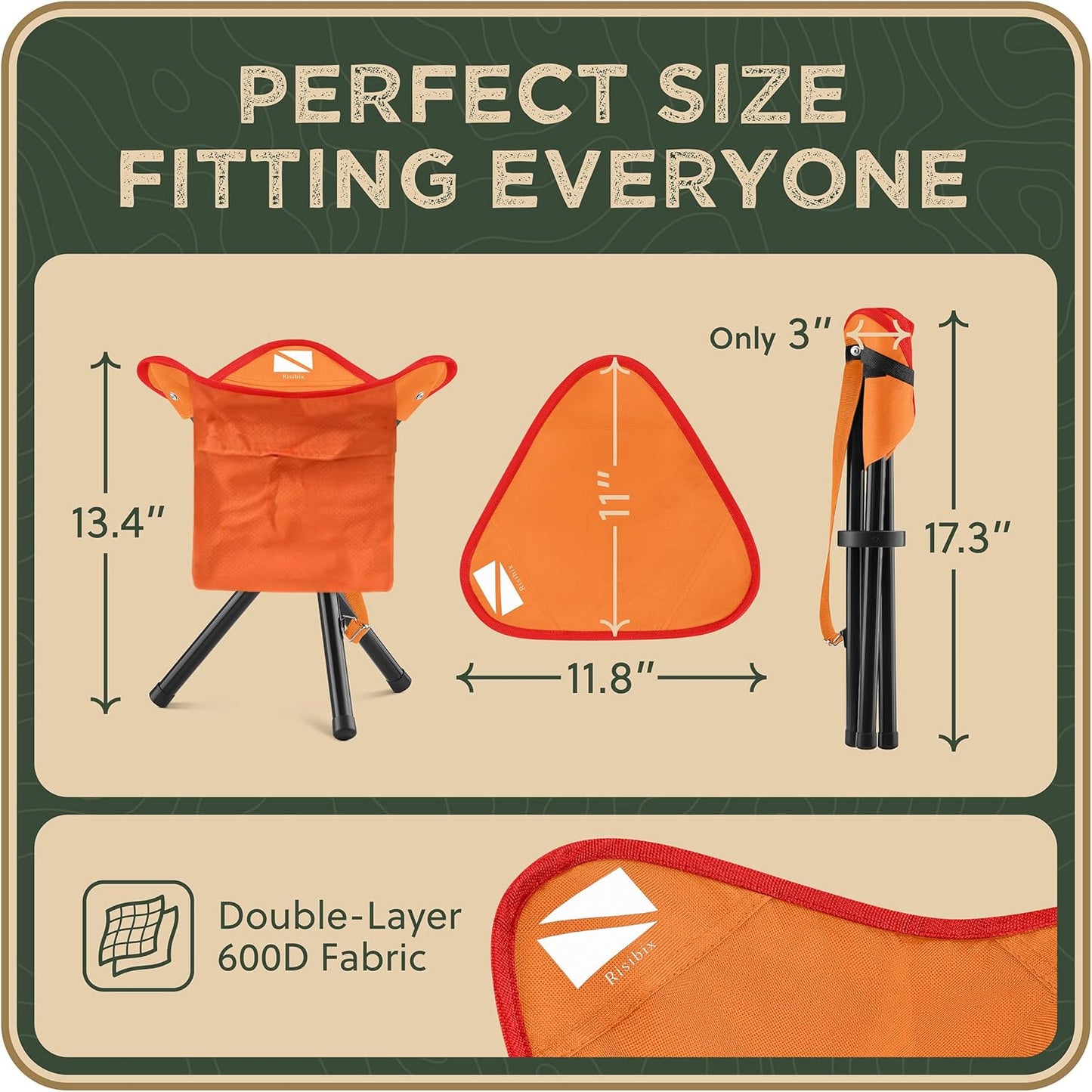 Foldable Tripod 13.4'' Stool - Ultra Portable Seat, Best for Youth+Pocket - 1 lb Camping Stool, 3 Legged Strong Steel Stool, Height: 13.4 inches (Orange)