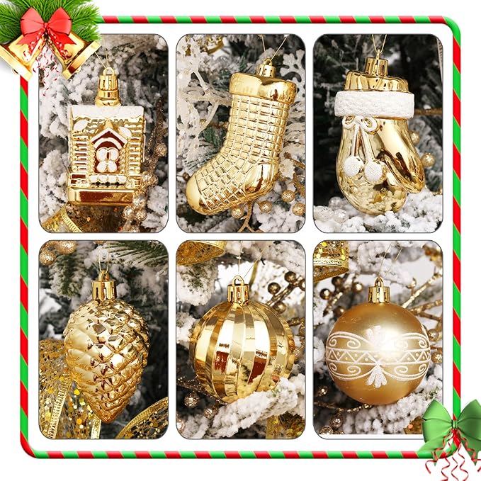 Christmas Tree Ornament Set - 132pcs Gold White Ball Decoration, Shatterproof Hanging Ornaments Assortment, Large and Small for Holiday Party Decor