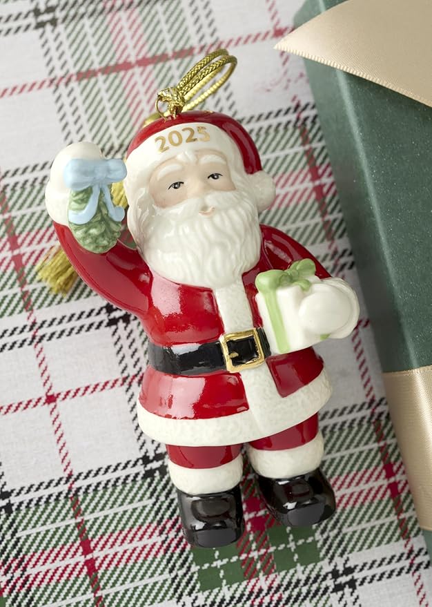 Lenox Ornament, 2025 Santa with Mistletoe Ornament, Made from Porcelain, Gold Accents, Features A Gold Cord for Hanging, Christmas Tree Decorations and Christmas Home Decor (Red & White, 1 Piece)