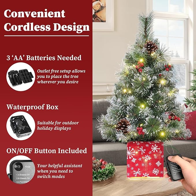 Brightever 2FT Small Christmas Tree, Prelit Mini Christmas Tree with Multi-Color LED Lights, Battery Powered Little Xmas Tree with Frosted Tips for Table Top, Green, Snowflake Gift Box Base Included